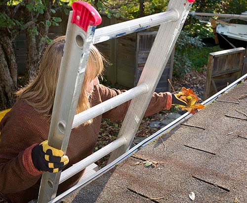 A senior woman on a ladder cleans leaves and twigs from rain gutters or eavestrough. Photo is from above on the roof looking down. Good copy space.
